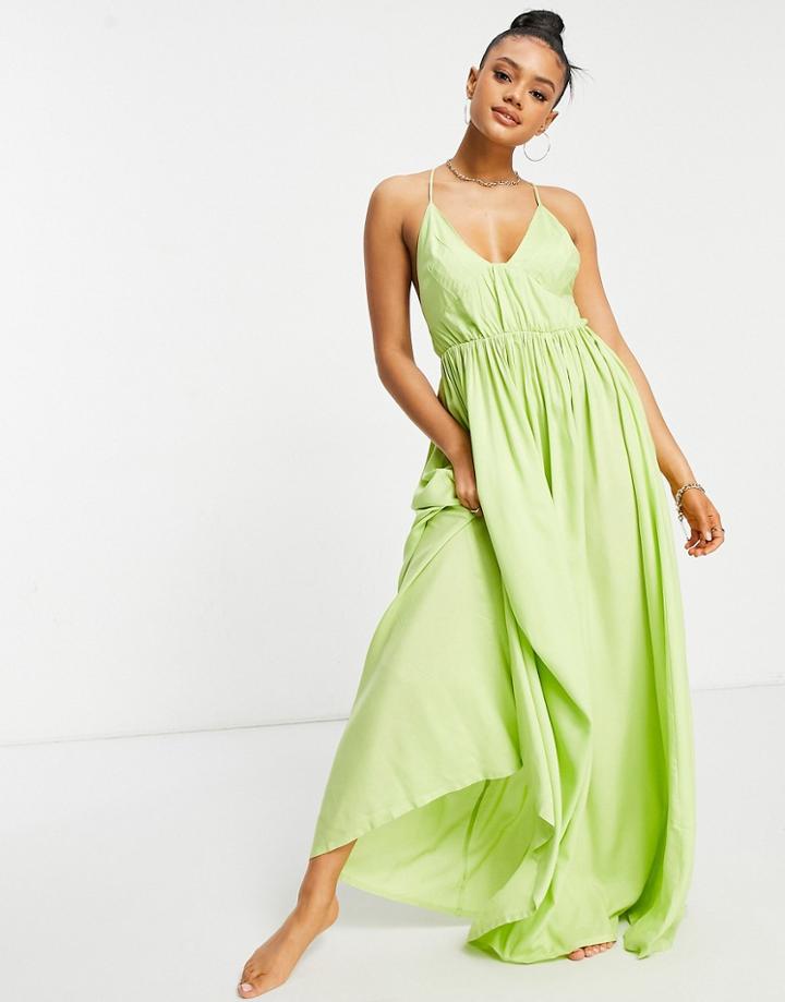 Asos Design Gathered Front Strappy Maxi Beach Dress In Washed Apple-green