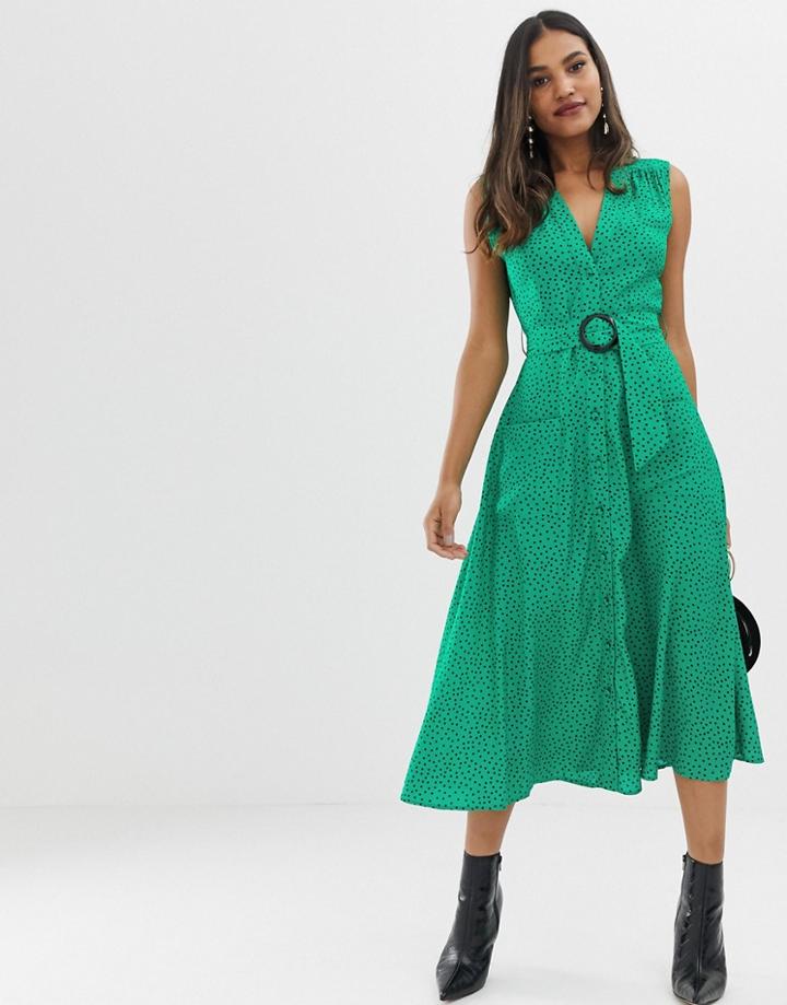 Asos Design Button Through Midi Dress With Belt In Polka Dot - Multi