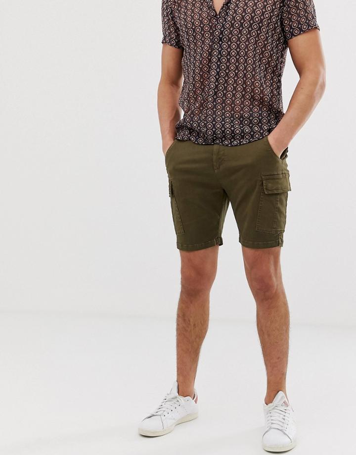 Brave Soul Slim Fit Utility Cargo Shorts In Khaki - Green
