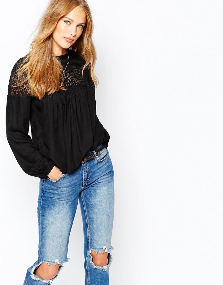 Vila Lace Detail Smock Top - Black