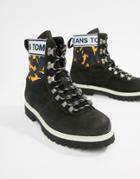 Tommy Jeans Hiking Boot With Camo Print In Yellow Navy And Green In Black - Black