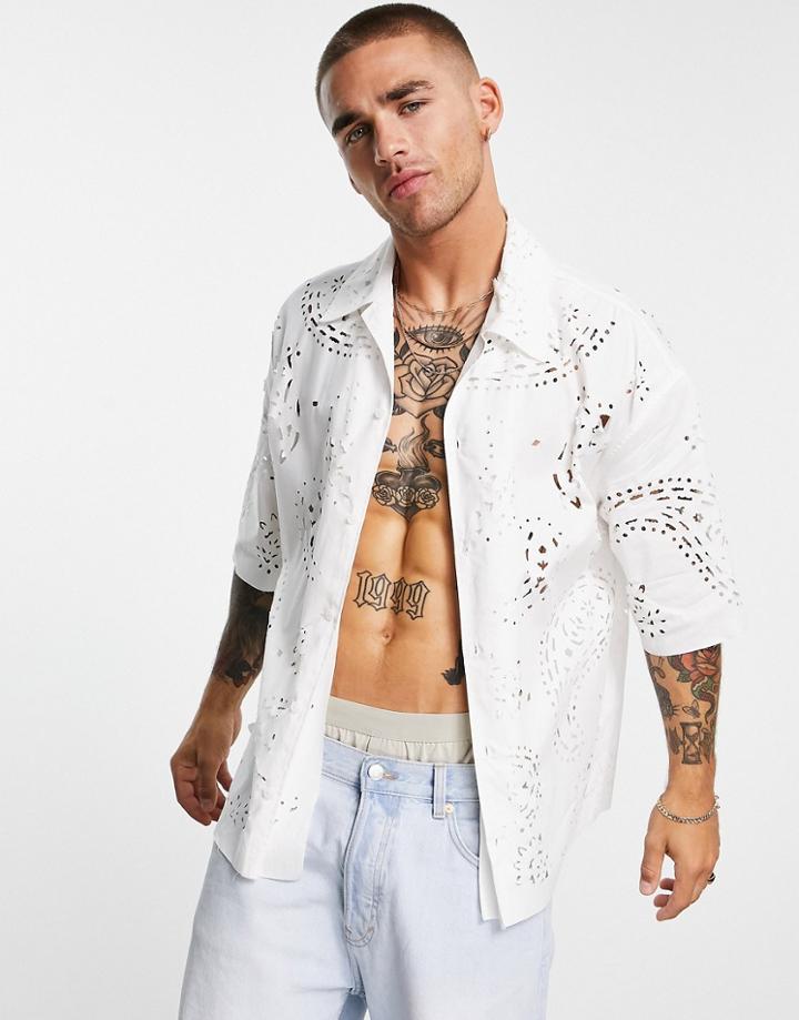 Bershka Relaxed Shirt With Bandana Print Cut Out In White