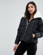 Missguided Black Padded Faux Shearling Collar Bomber Jacket - Black