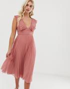 Asos Design Plunge Pleated Midi Dress With Lace Trim-pink