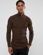Asos Longline Half Zip Ribbed Sweater In Brown - Brown
