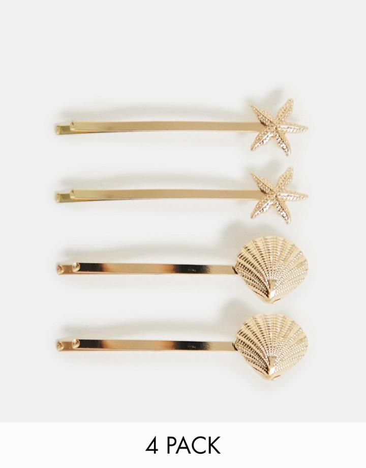 Asos Design Pack Of 4 Hair Clips With Shell And Starfish Design In Gold - Gold