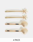 Asos Design Pack Of 4 Hair Clips With Shell And Starfish Design In Gold - Gold