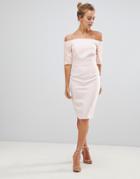 Little Mistress Pencil Dress With Lace Sleeves - Beige