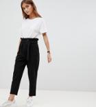 Asos Design Petite Crepe Paperbag Waist Peg Pants With Tortoiseshell Buckle - Black