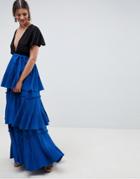 Asos Design Premium Tiered Pleated Maxi Skirt - Blue