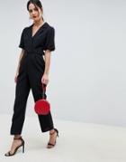 Asos Design Wrap Jumpsuit With Self Buckle-black