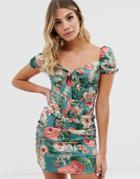 In The Style X Fashion Influx Puff Sleeved Tie Front Mini Dress In Green Floral-multi