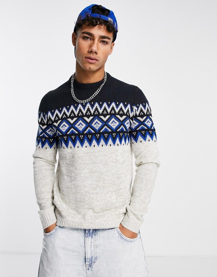 Only & Sons Crew Neck Sweater With Fair Isle Chest Print In Navy