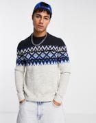 Only & Sons Crew Neck Sweater With Fair Isle Chest Print In Navy