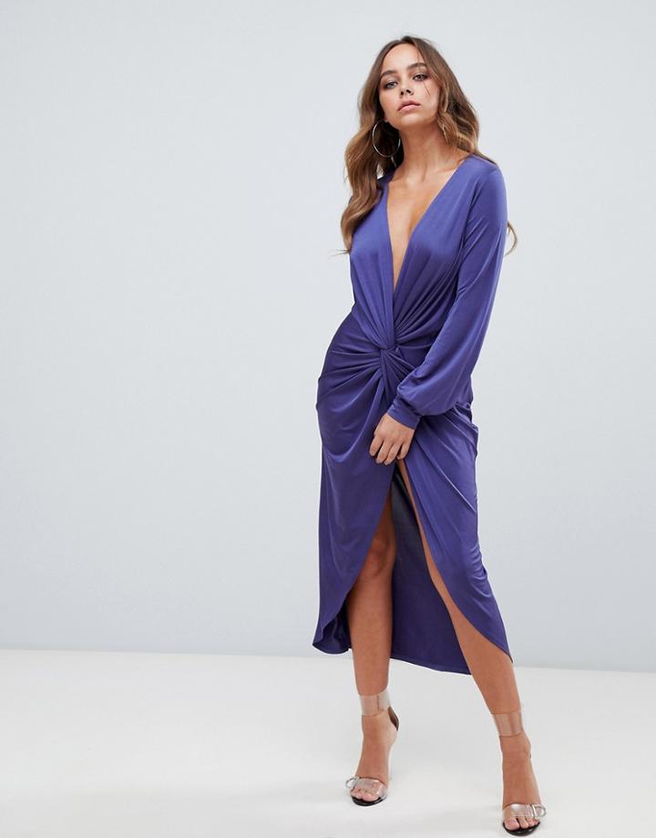 Boohoo Slinky Plunge Twist Front Midi Dress In Indigo - Navy