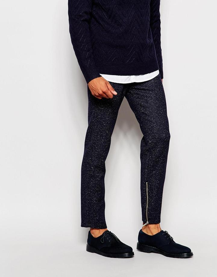 Asos Slim Smart Pants In Herringbone With Zips - Navy