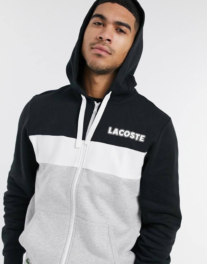 Lacoste Color Block Zip Through Hoodie In Black