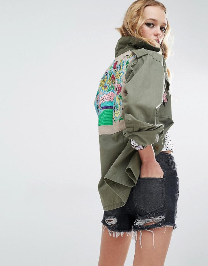 Native Rose Festival Military Shirt Jacket With Embroidered Back Panel - Khaki