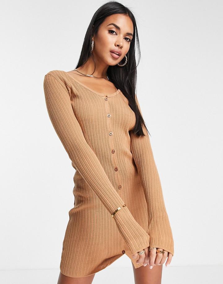 Asos Design Knitted Rib Mini Dress With Button Through In Camel-neutral