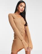 Asos Design Knitted Rib Mini Dress With Button Through In Camel-neutral