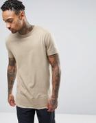 Asos Super Longline T-shirt With Woven Hem Detail In Beige - Beige