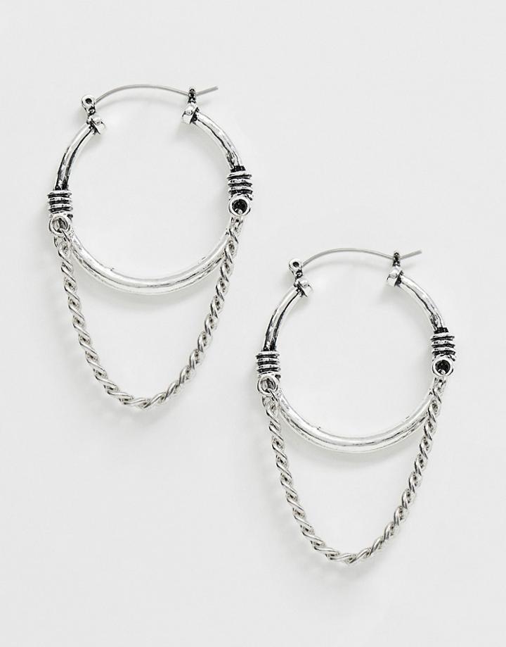 Asos Design Hoop Earrings With Hanging Curb Chain - Silver