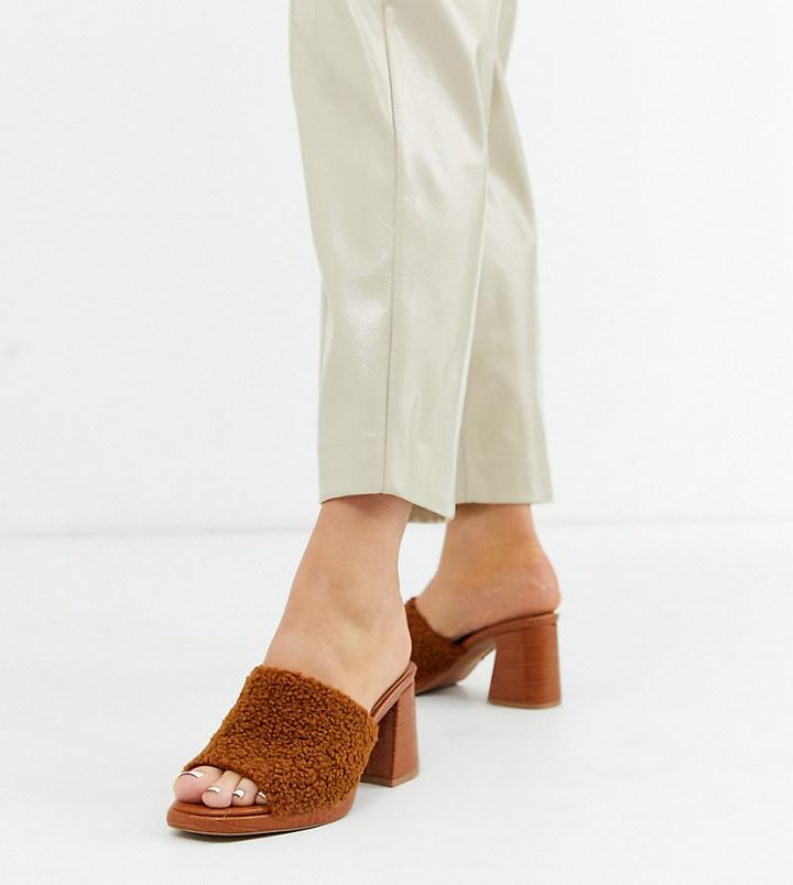 Asos Design Wide Fit Warming Platform Heeled Mules In Tan Borg