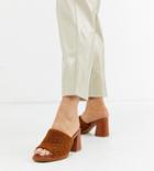 Asos Design Wide Fit Warming Platform Heeled Mules In Tan Borg