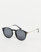 Asos Design Round Sunglasses In Shiny Black With Polarised Lens