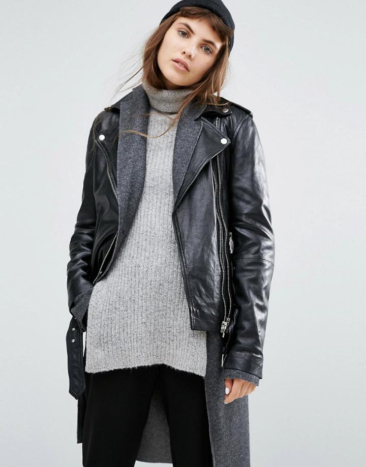 Goosecraft Relaxed Boyfriend Fit Leather Jacket With Belt - Black