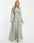 Asos Design Bridesmaid Ruched Waist Maxi Dress With Long Sleeves And Pleat Skirt In Olive-green