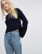 Asos Cropped Sweater In Rib With Wide Sleeve - Navy