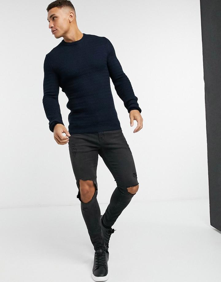 Asos Design Textured Knit Sweater In Navy