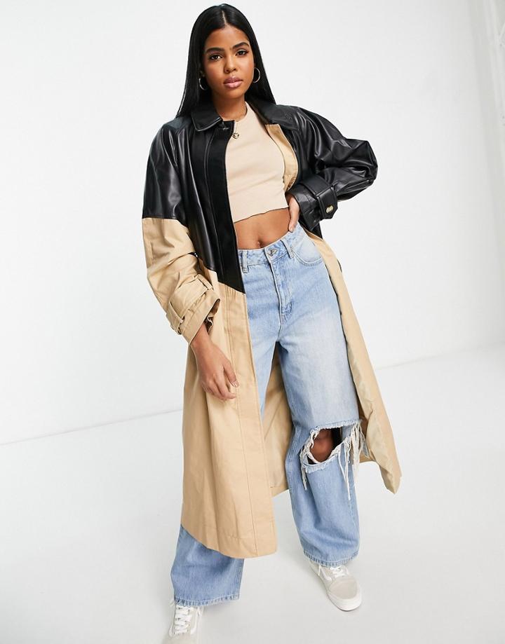 Asos Design Faux Leather Spliced Trench In Stone-neutral