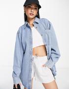 Asos Design Original Denim Shirt In Mid Wash-blue