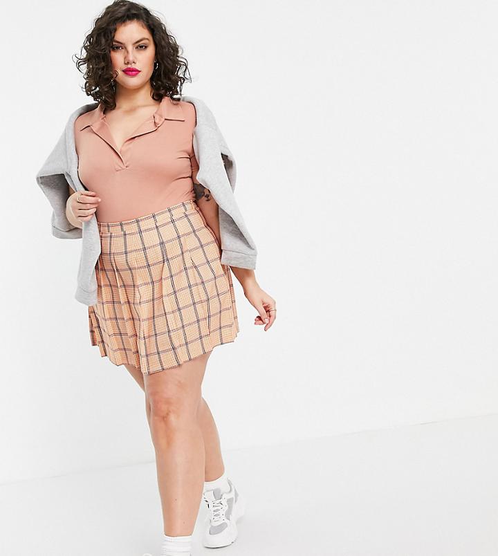 Asos Design Curve Mini Pleated Tennis Skirt Orange Plaid Print-multi