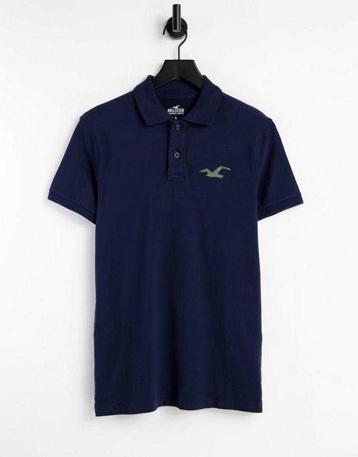 Hollister Exploded Reflective Icon Logo Slim Fit Pique Polo In Navy