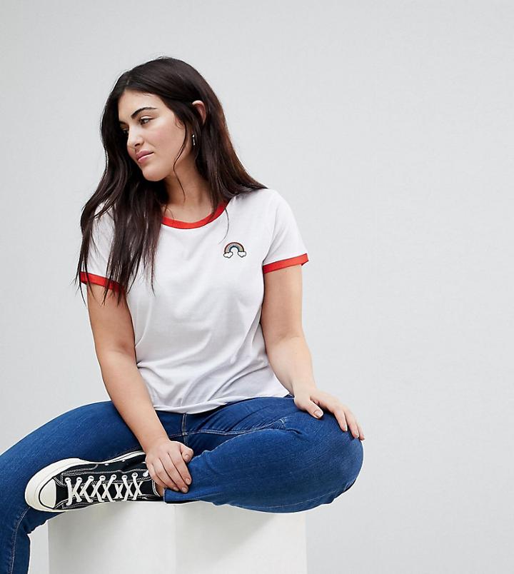 Brave Soul Plus Cloud Badge Ringer T Shirt - White