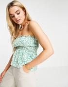 Fashion Union Bandeau Shirring Crop Top In Green Floral