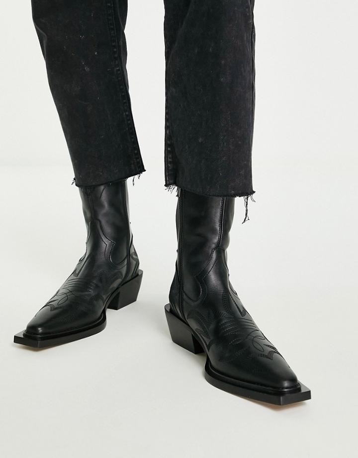Topshop Ariel Premium Leather Stitched Western Boot In Black