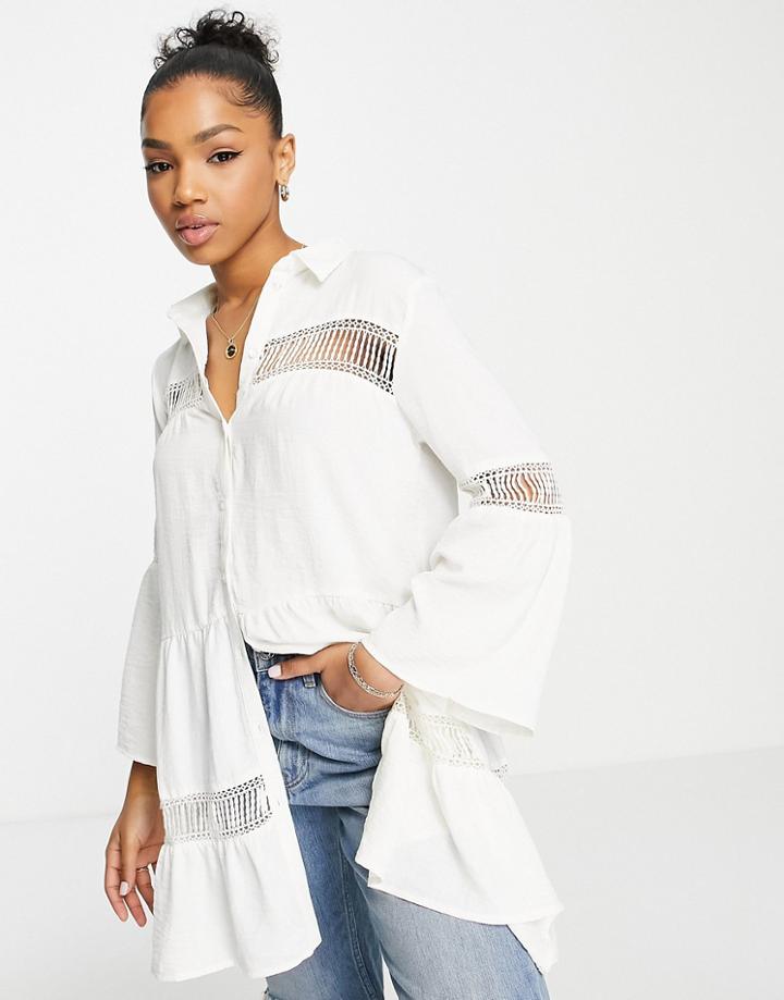 Jdy Longline Lace Insert Tunic Shirt In White