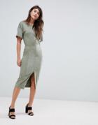 Asos Design Suedette Pencil Dress With V Back - Green