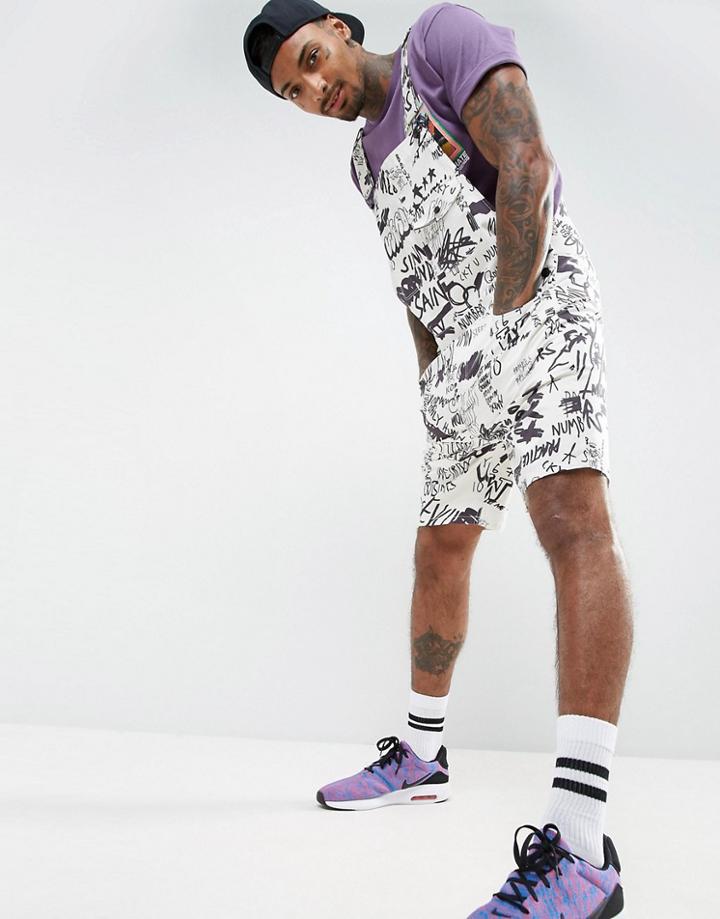 Asos Festival Short Overalls In All Over Graffiti Print - White