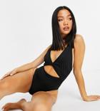 Asos Design Petite Recycled Loop Front Swimsuit With Knot In Black