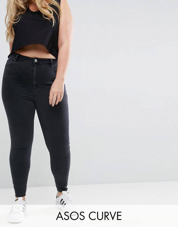 Asos Curve Ridley High Waist Skinny Jeans In Washed Black - Black
