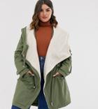 Asos Design Curve Waterfall Parka With Fleece Lining In Khaki - Pink