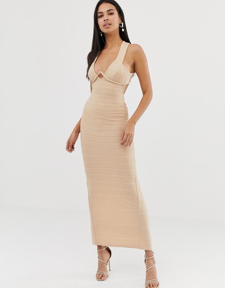 Asos Design V Bar Bandage Maxi Dress-brown