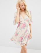 Asos Wrap Front Angel Sleeve Dress In Pretty Hydrangea Print - Floral Print