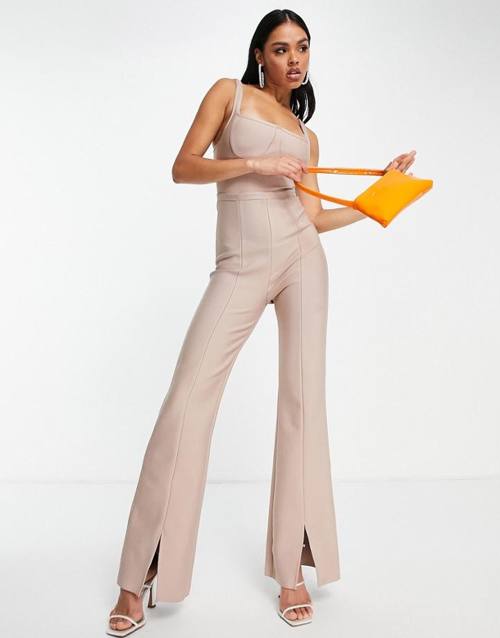 Band Of Stars Square Neck Bandage Jumpsuit With Zip Back In Stone-neutral