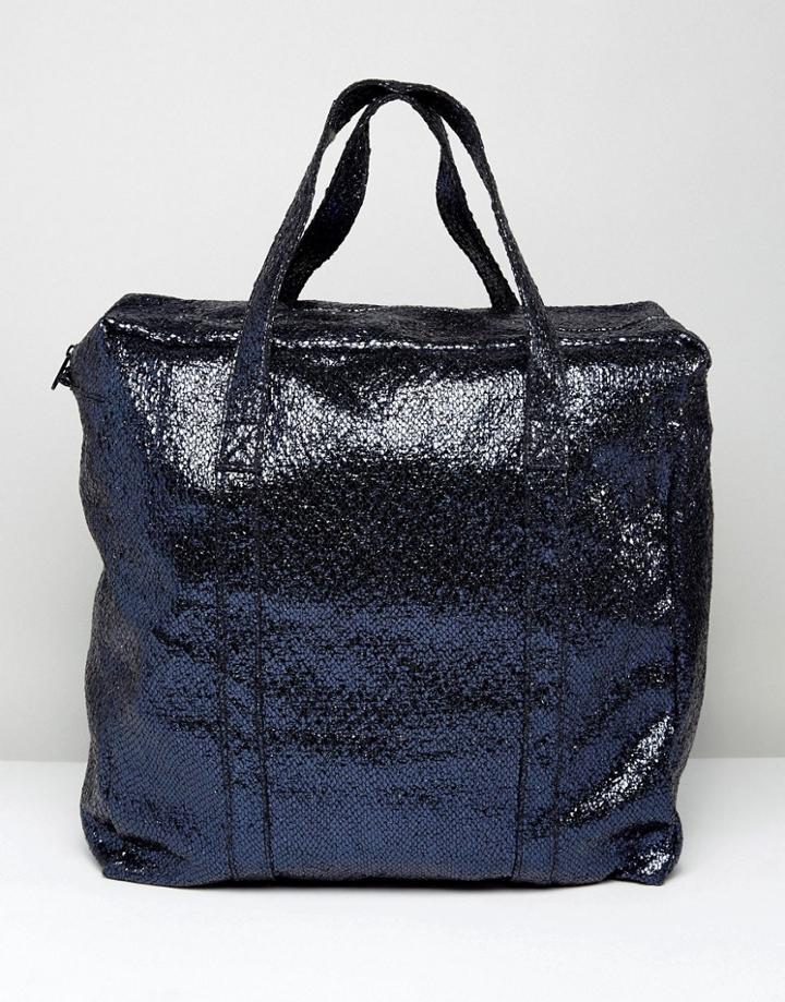 Bershka Glitter Tote Bag - Navy